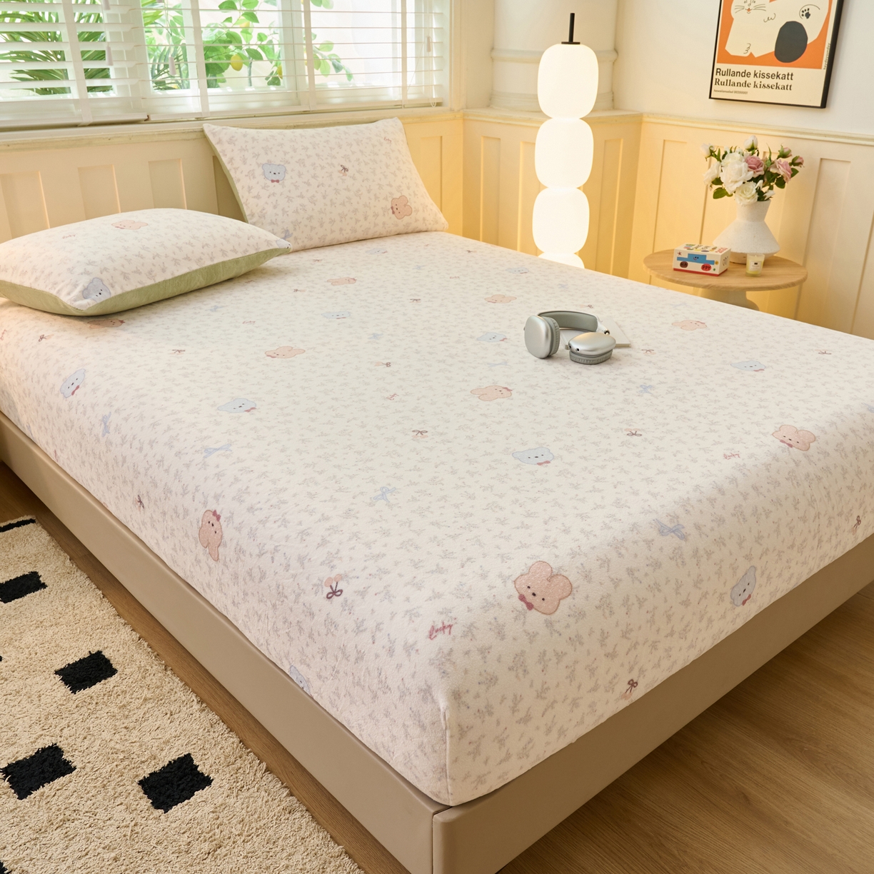 91家纺网 家纺一手货源 找家纺 早晨家纺 2025新款卡通印花高克重牛奶绒印花单床笠 萌熊絮