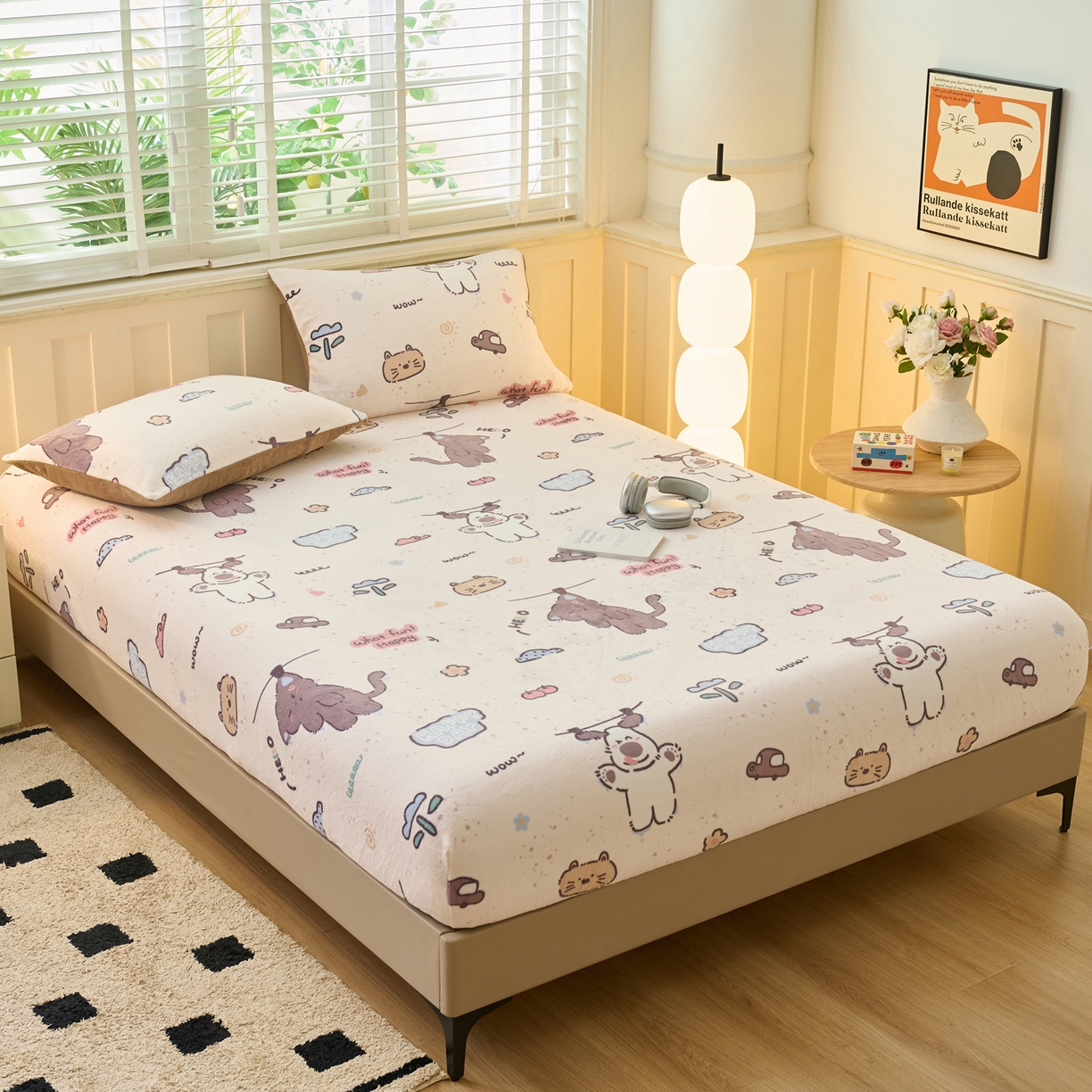 91家纺网 家纺一手货源 找家纺 早晨家纺 2025新款卡通印花高克重牛奶绒印花单床笠 萌趣屋