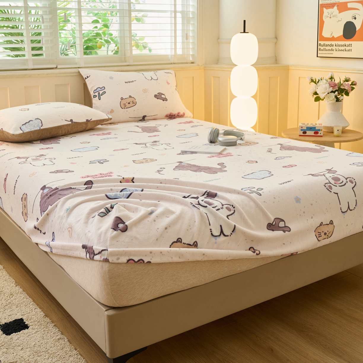 91家纺网 家纺一手货源 找家纺 早晨家纺 2025新款卡通印花高克重牛奶绒印花单床笠 萌趣屋