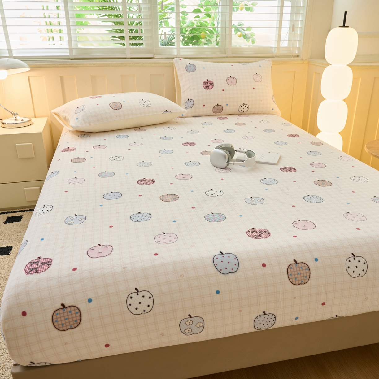 91家纺网 家纺一手货源 找家纺 早晨家纺 2025新款卡通印花高克重牛奶绒印花单床笠 甜果绘