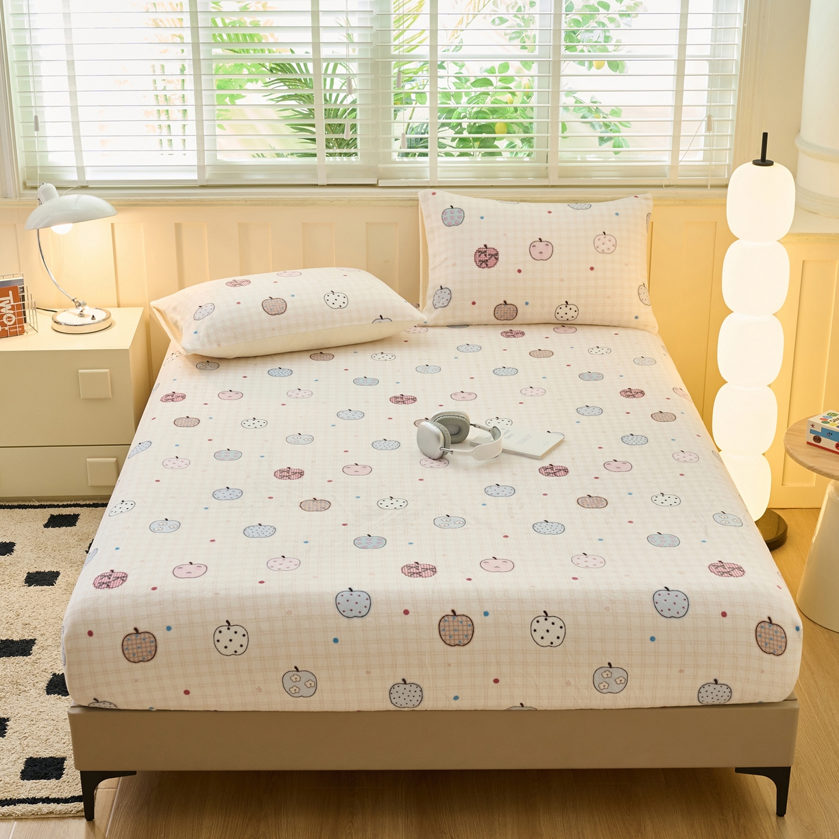 91家纺网 家纺一手货源 找家纺 早晨家纺 2025新款卡通印花高克重牛奶绒印花单床笠 甜果绘