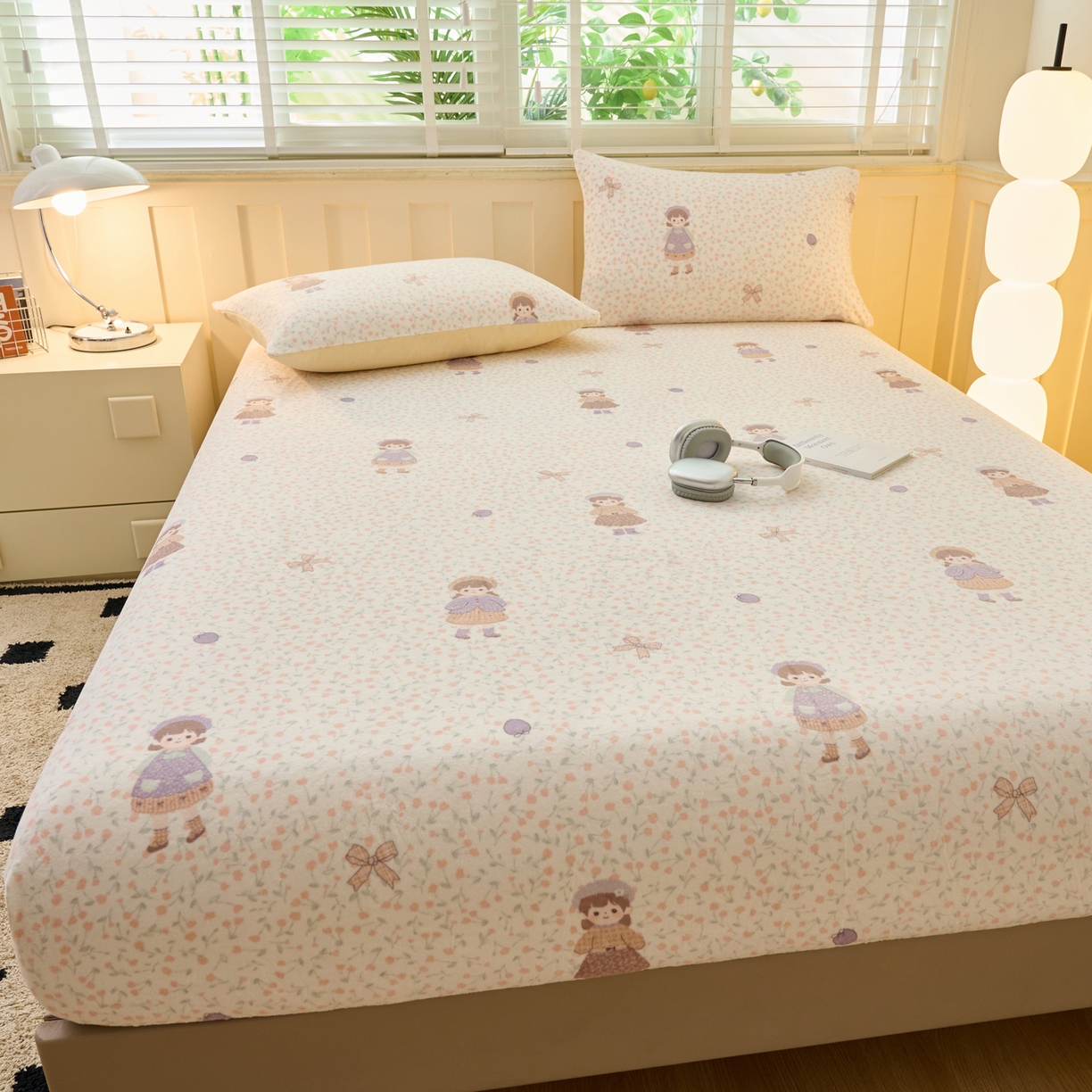 91家纺网 家纺一手货源 找家纺 早晨家纺 2025新款卡通印花高克重牛奶绒印花单床笠 童梦谣