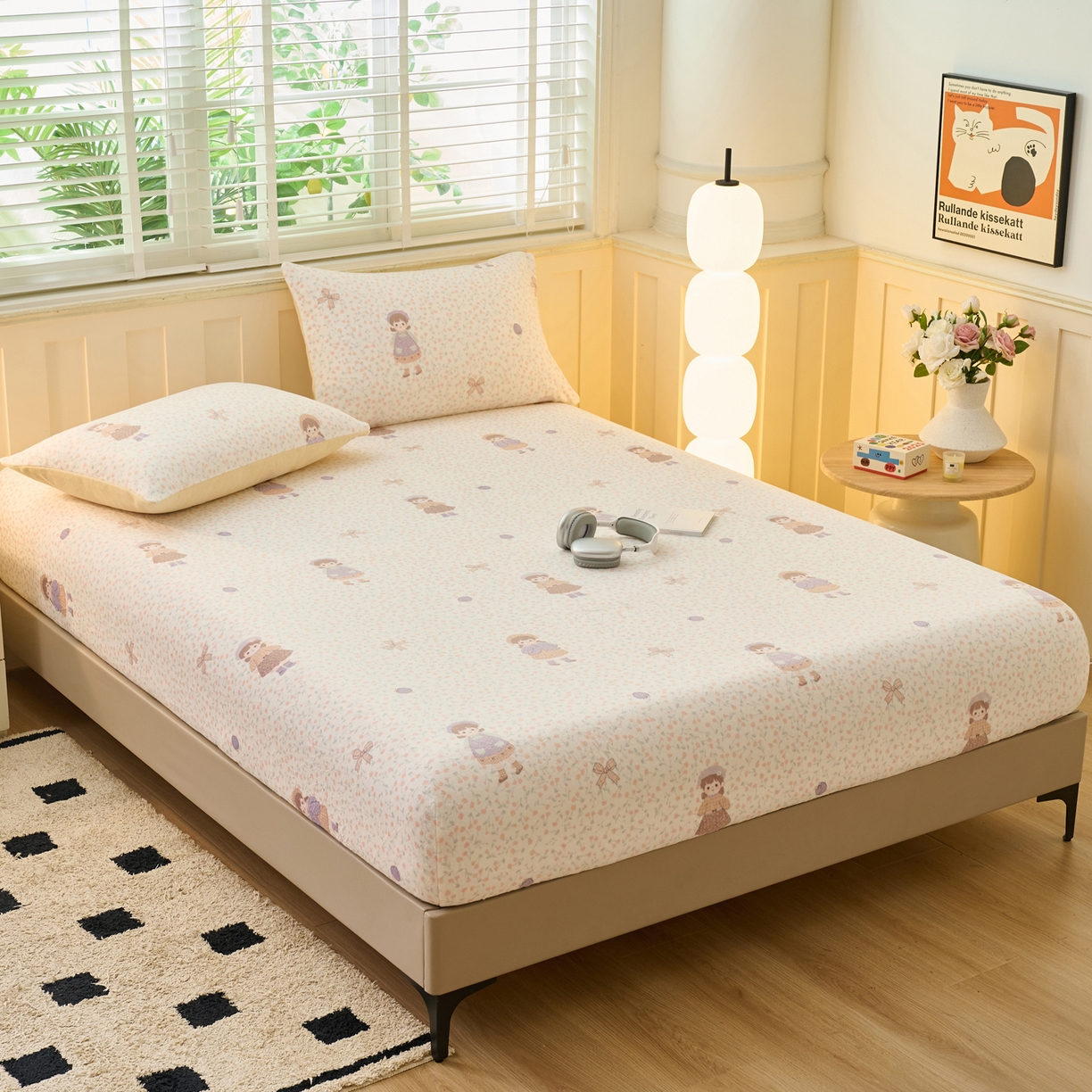 91家纺网 家纺一手货源 找家纺 早晨家纺 2025新款卡通印花高克重牛奶绒印花单床笠 童梦谣