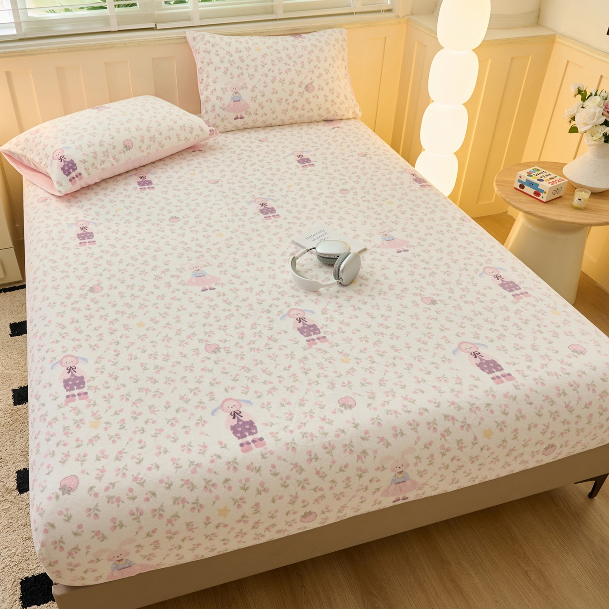 91家纺网 家纺一手货源 找家纺 早晨家纺 2025新款卡通印花高克重牛奶绒印花单床笠 花兔谣