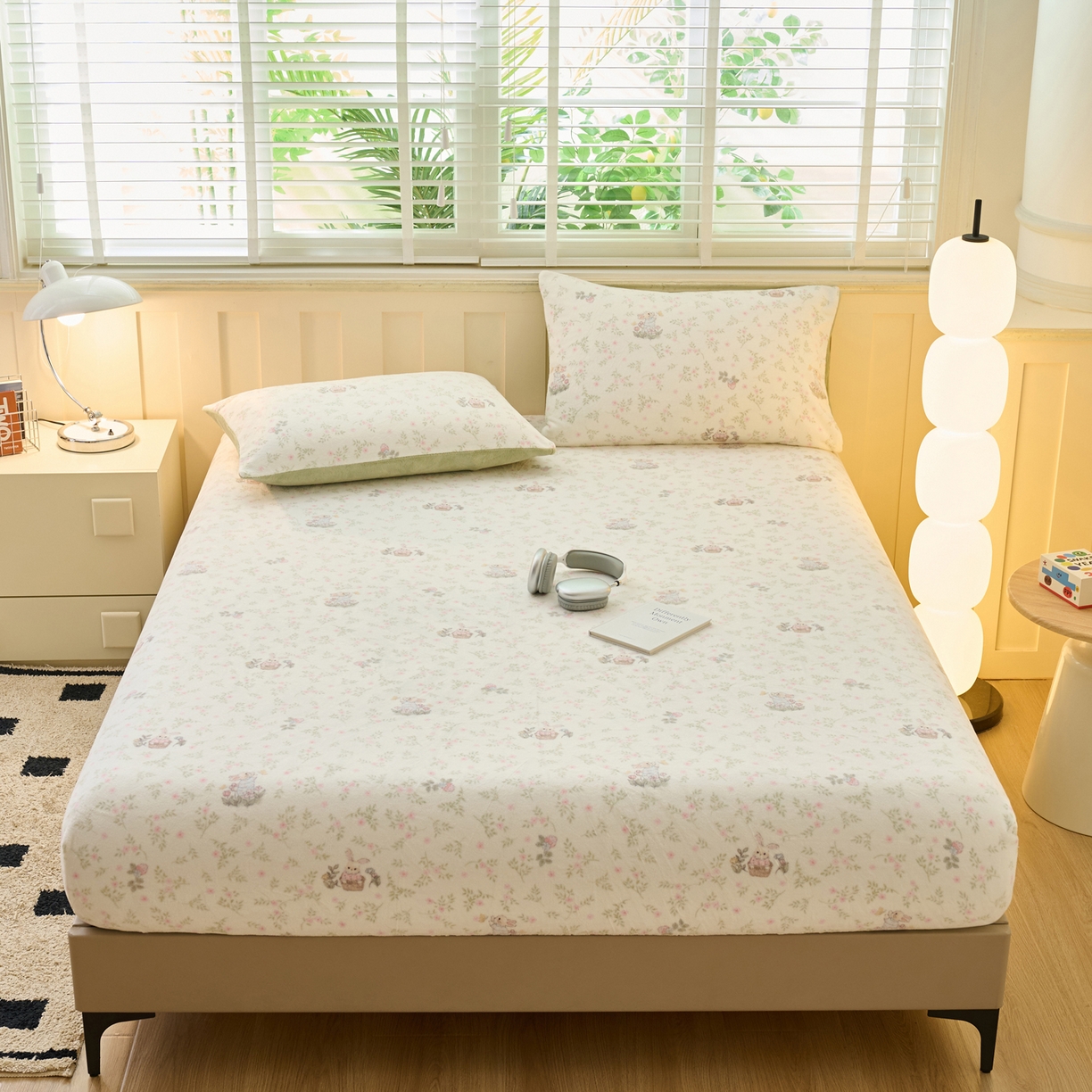 91家纺网 家纺一手货源 找家纺 早晨家纺 2025新款卡通印花高克重牛奶绒印花单床笠 花兔语