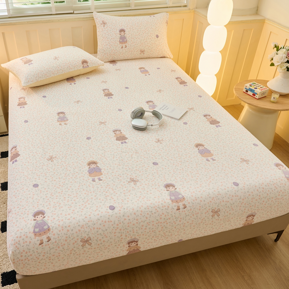 91家纺网 家纺一手货源 找家纺 早晨家纺 2025新款卡通印花高克重牛奶绒印花单床笠 童梦谣