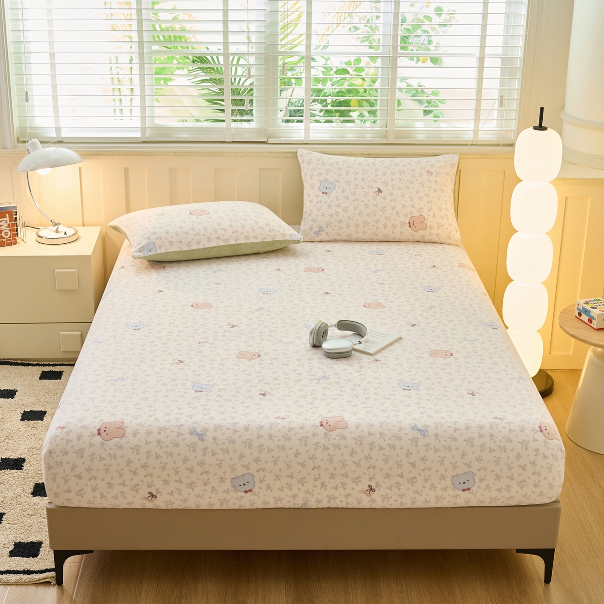 91家纺网 家纺一手货源 找家纺 早晨家纺 2025新款卡通印花高克重牛奶绒印花单床笠 萌熊絮