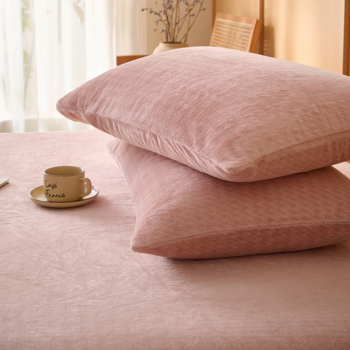 91家纺网 家纺一手货源 找家纺 早晨家纺 2025新款流星款高克重牛奶绒阳离子提花兔毛单床笠 流星-豆沙