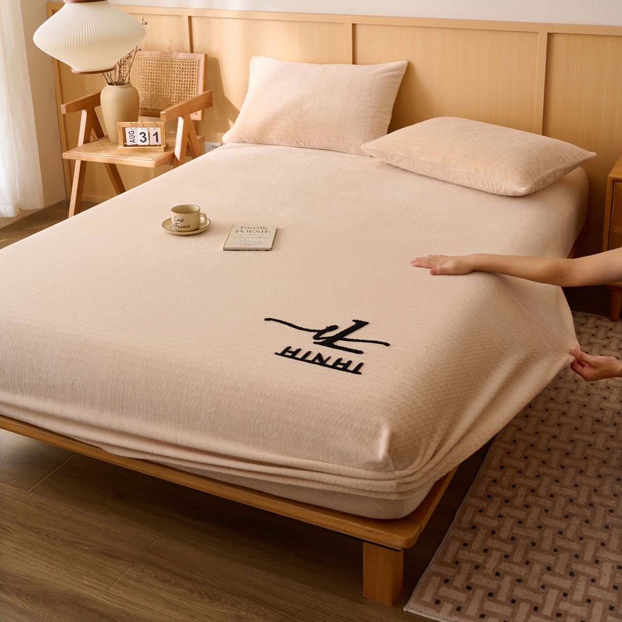 91家纺网 家纺一手货源 找家纺 早晨家纺 2025新款流星款高克重牛奶绒阳离子提花兔毛单床笠 流星-米驼