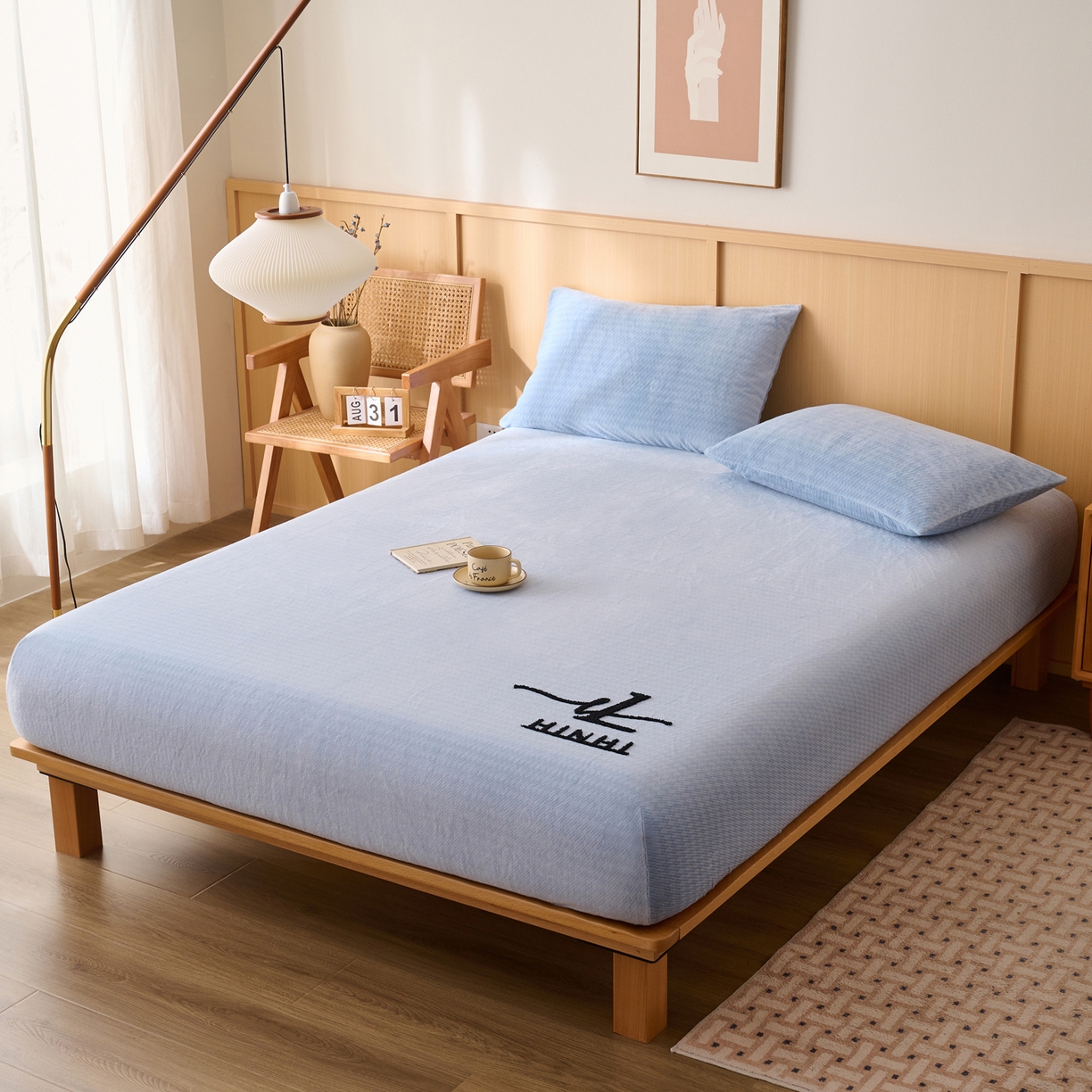 91家纺网 家纺一手货源 找家纺 早晨家纺 2025新款流星款高克重牛奶绒阳离子提花兔毛单床笠 流星-雾蓝