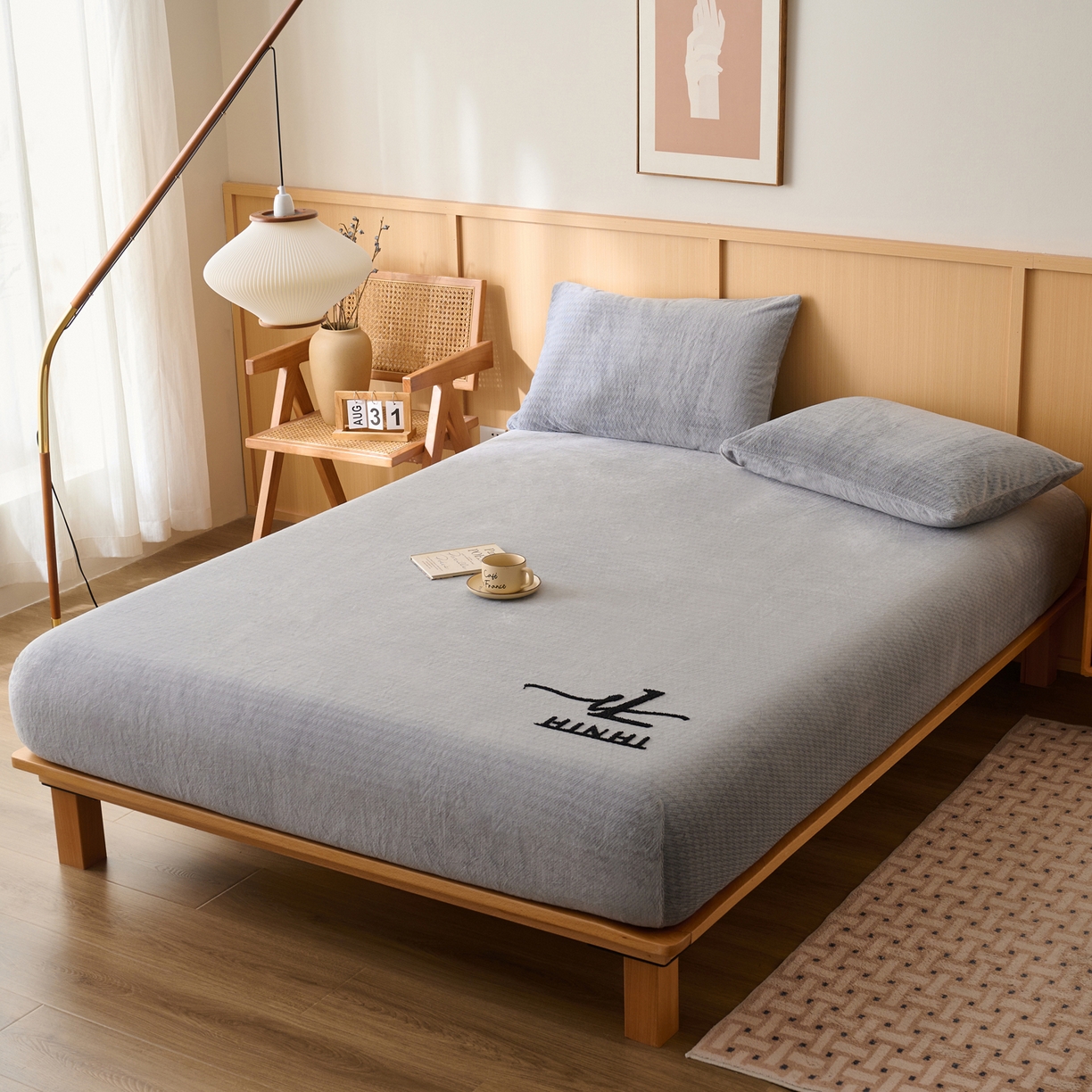 91家纺网 家纺一手货源 找家纺 早晨家纺 2025新款流星款高克重牛奶绒阳离子提花兔毛单床笠 流星-银灰