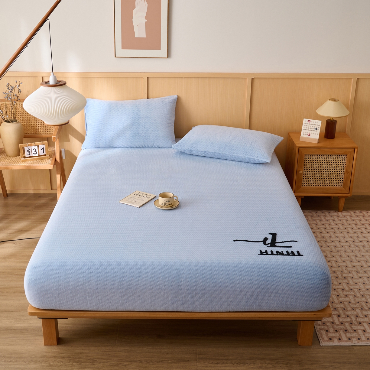 91家纺网 家纺一手货源 找家纺 早晨家纺 2025新款流星款高克重牛奶绒阳离子提花兔毛单床笠 流星-雾蓝