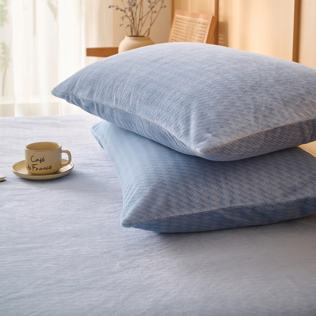 91家纺网 家纺一手货源 找家纺 早晨家纺 2025新款流星款高克重牛奶绒阳离子提花兔毛单床笠 流星-雾蓝