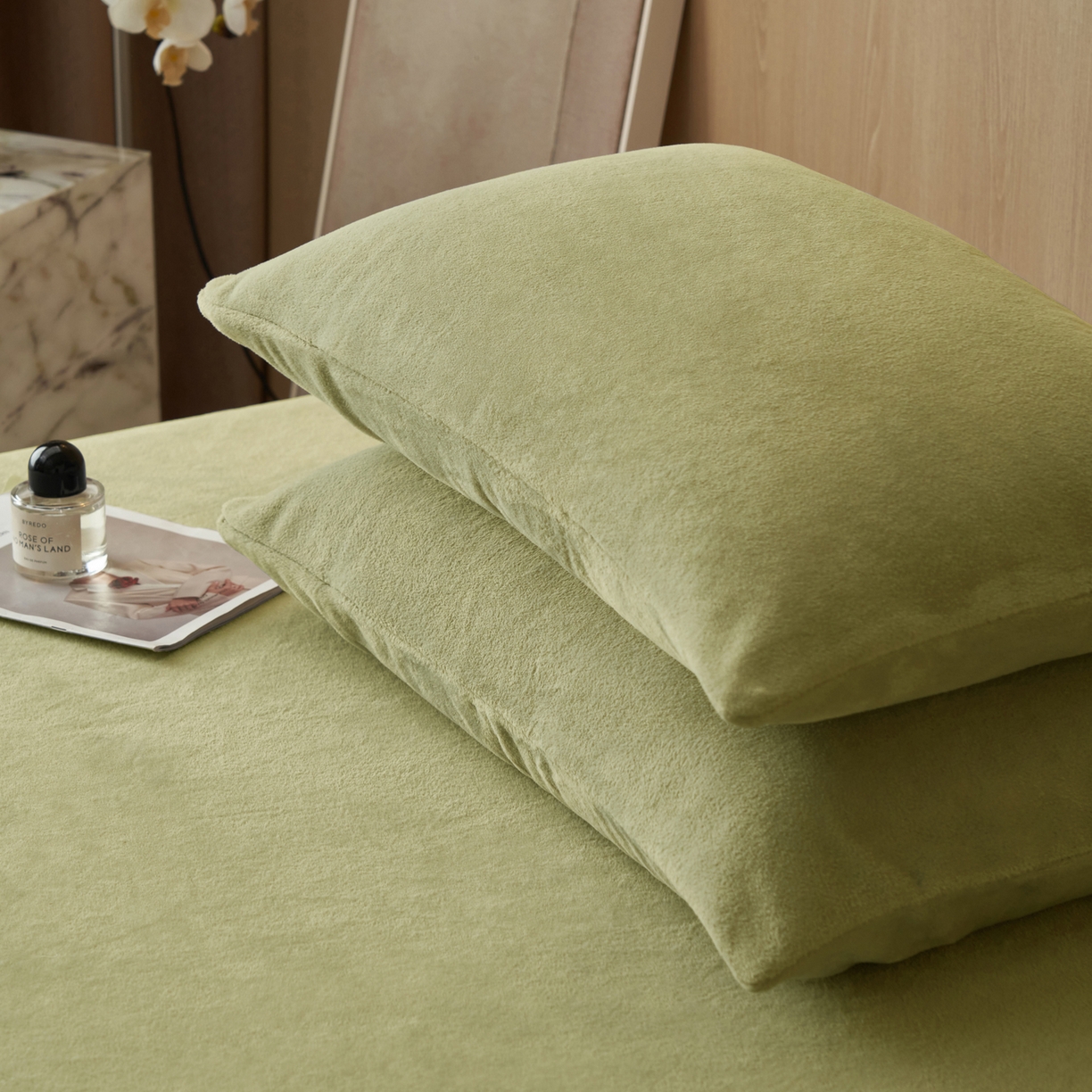 91家纺网 家纺一手货源 找家纺 早晨家纺 2025新款牛奶绒纯色毛巾绣暖绒床笠 时尚-草绿