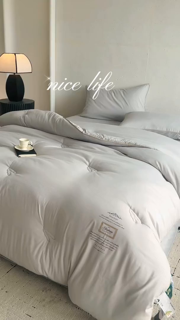 91家纺网 家纺一手货源 找家纺 头等舱 2025新款四季棉条纹A类20大豆7A抗菌秋冬被（空镜图） 暖阳灰