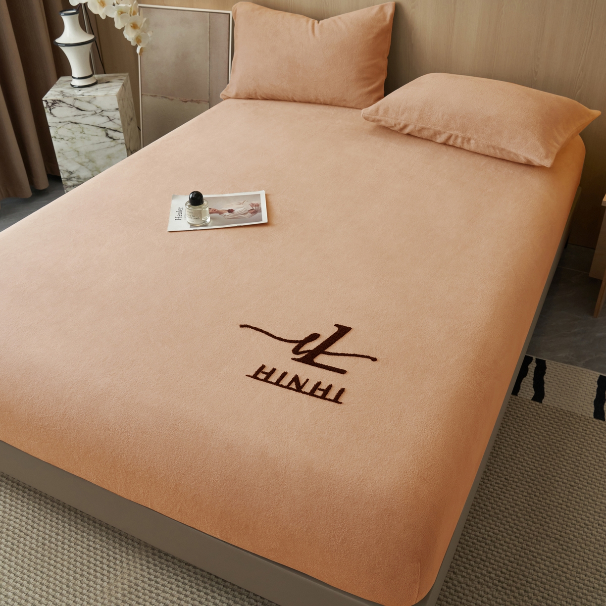 早晨家纺 2025新款牛奶绒纯色毛巾绣暖绒床笠 时尚-橘色