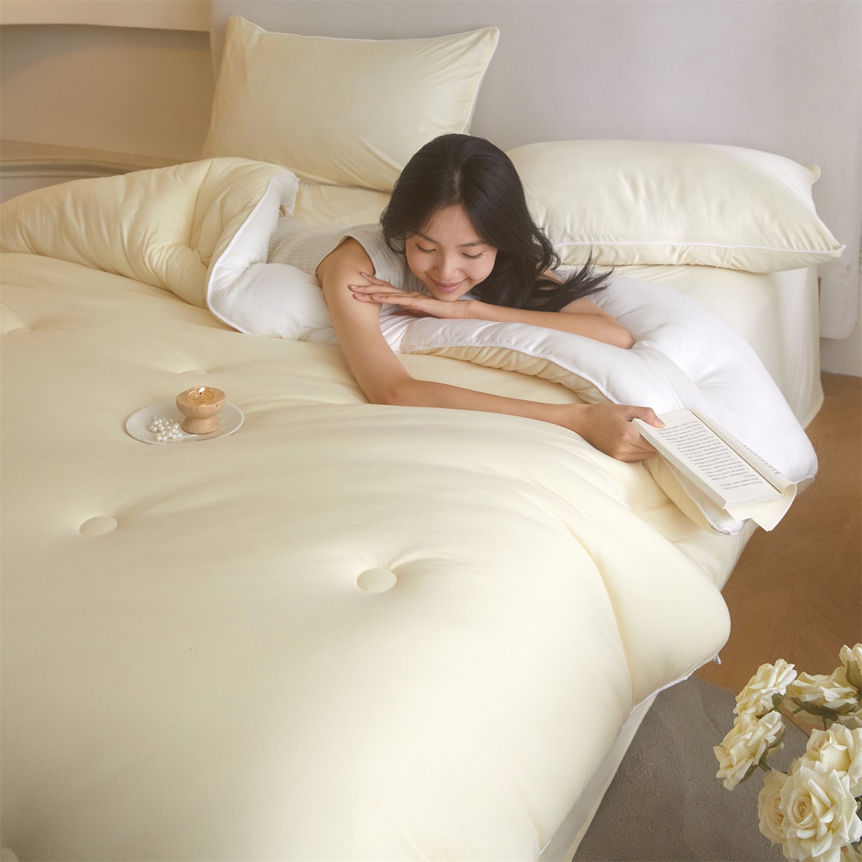 91家纺网 家纺一手货源 找家纺 （总）头等舱 2025新款针织A类软糯净植力抗菌防螨防霉低致敏双拼秋冬被（模特图）