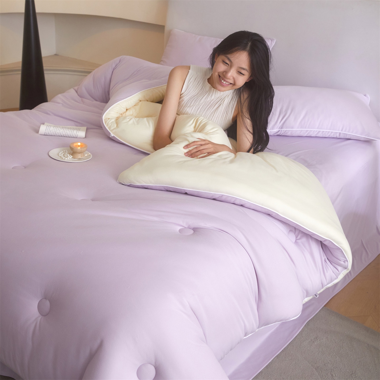 91家纺网 家纺一手货源 找家纺 （总）头等舱 2025新款针织A类软糯净植力抗菌防螨防霉低致敏双拼秋冬被（模特图）