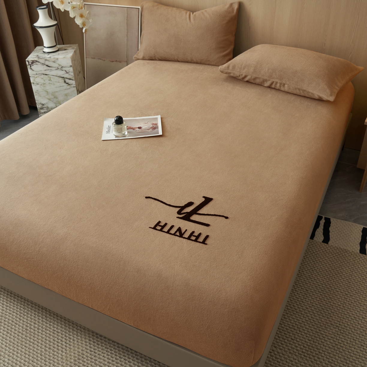 早晨家纺 2025新款牛奶绒纯色毛巾绣暖绒床笠 时尚-奶茶咖