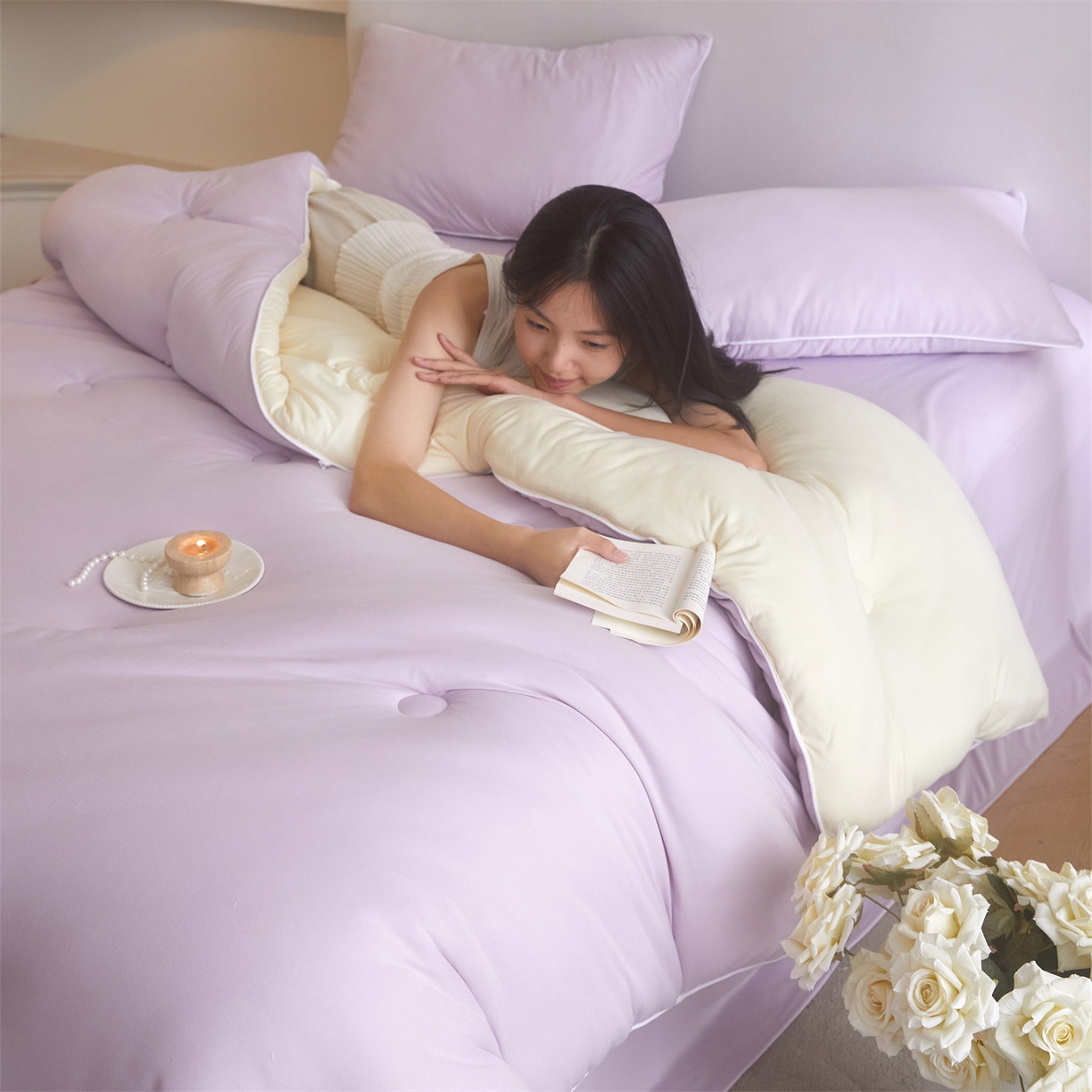 91家纺网 家纺一手货源 找家纺 头等舱 2025新款针织A类软糯净植力抗菌防螨防霉低致敏双拼秋冬被（模特图） 浅紫+奶黄