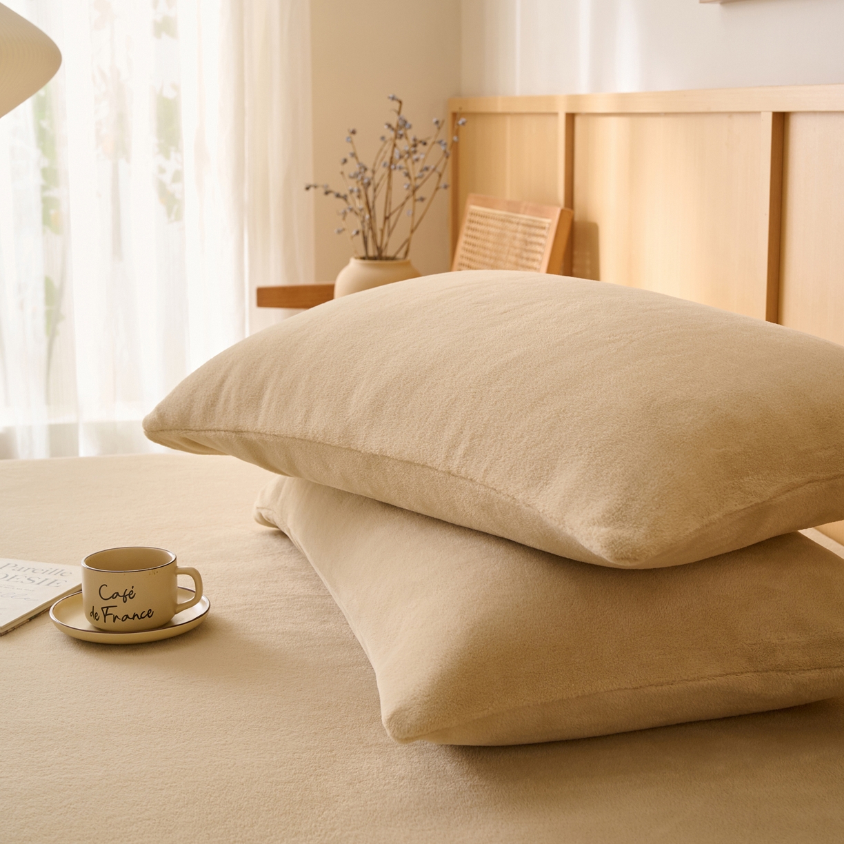 91家纺网 家纺一手货源 找家纺 早晨家纺 2025新款华泰款高克重牛奶绒仿羊绒毛巾绣单床笠 华泰-米驼