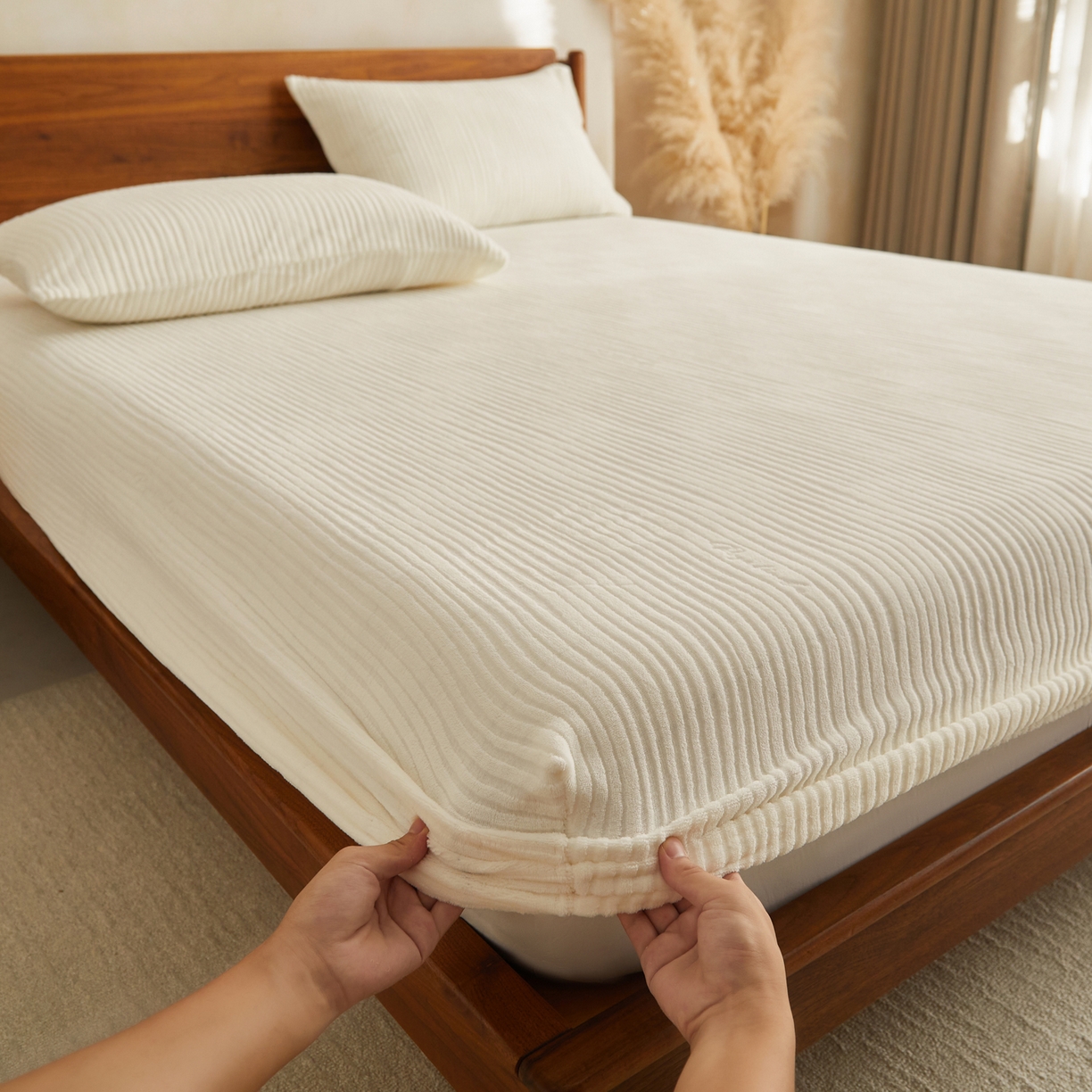 91家纺网 家纺一手货源 找家纺 早晨家纺 2025新款红金龙纯色烂花牛奶绒床笠 恬憩-奶白