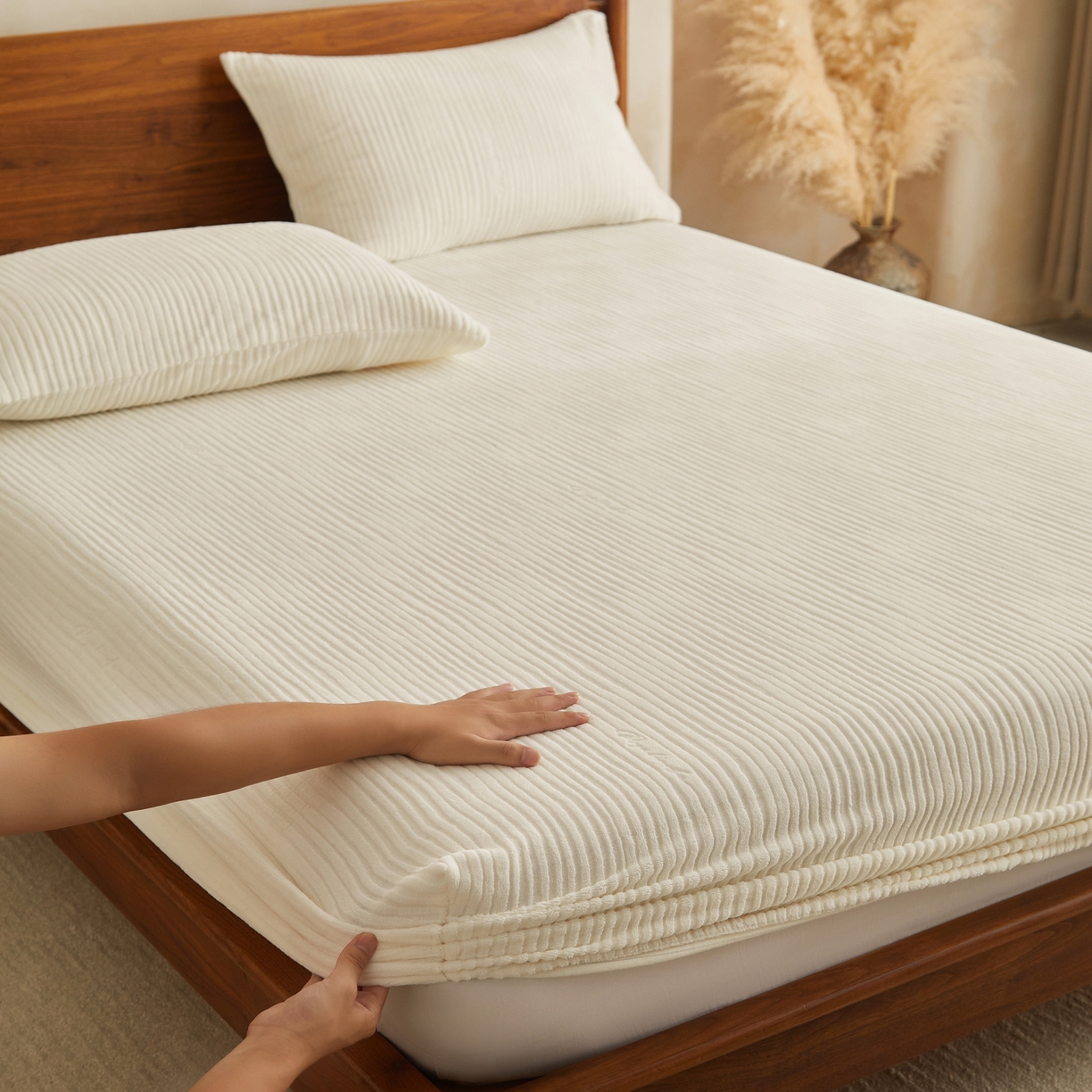 91家纺网 家纺一手货源 找家纺 早晨家纺 2025新款红金龙纯色烂花牛奶绒床笠 恬憩-奶白