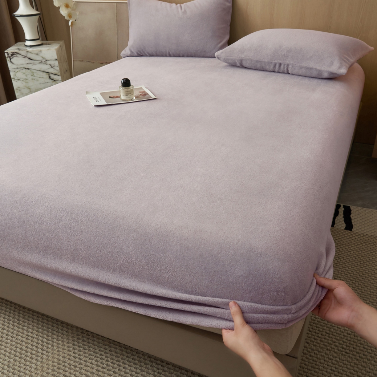 91家纺网 家纺一手货源 找家纺 早晨家纺 2025新款高克重牛奶绒纯色单床笠 牛奶绒-浅紫