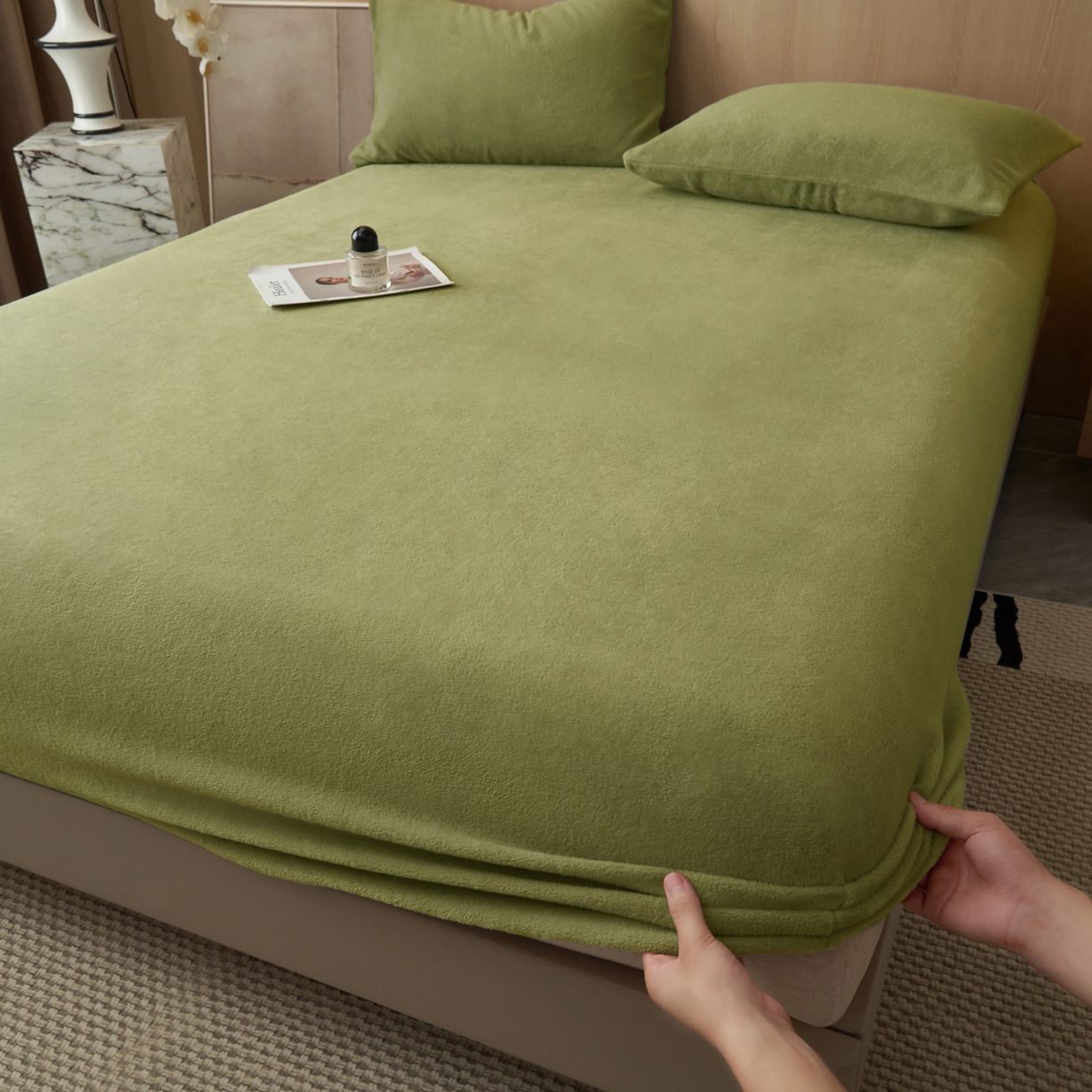 91家纺网 家纺一手货源 找家纺 早晨家纺 2025新款高克重牛奶绒纯色单床笠 牛奶绒-橄榄绿