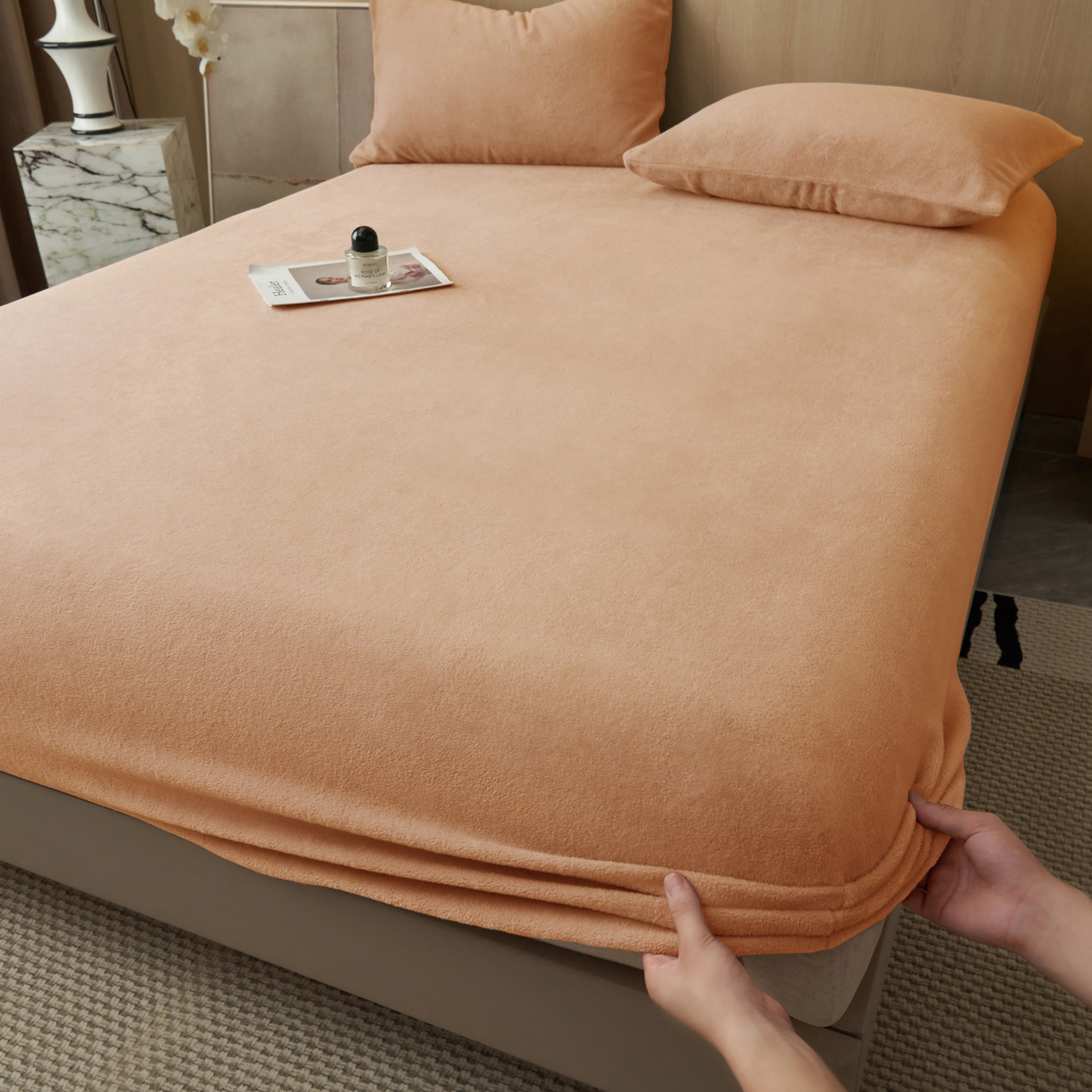 91家纺网 家纺一手货源 找家纺 早晨家纺 2025新款高克重牛奶绒纯色单床笠 牛奶绒-橘色