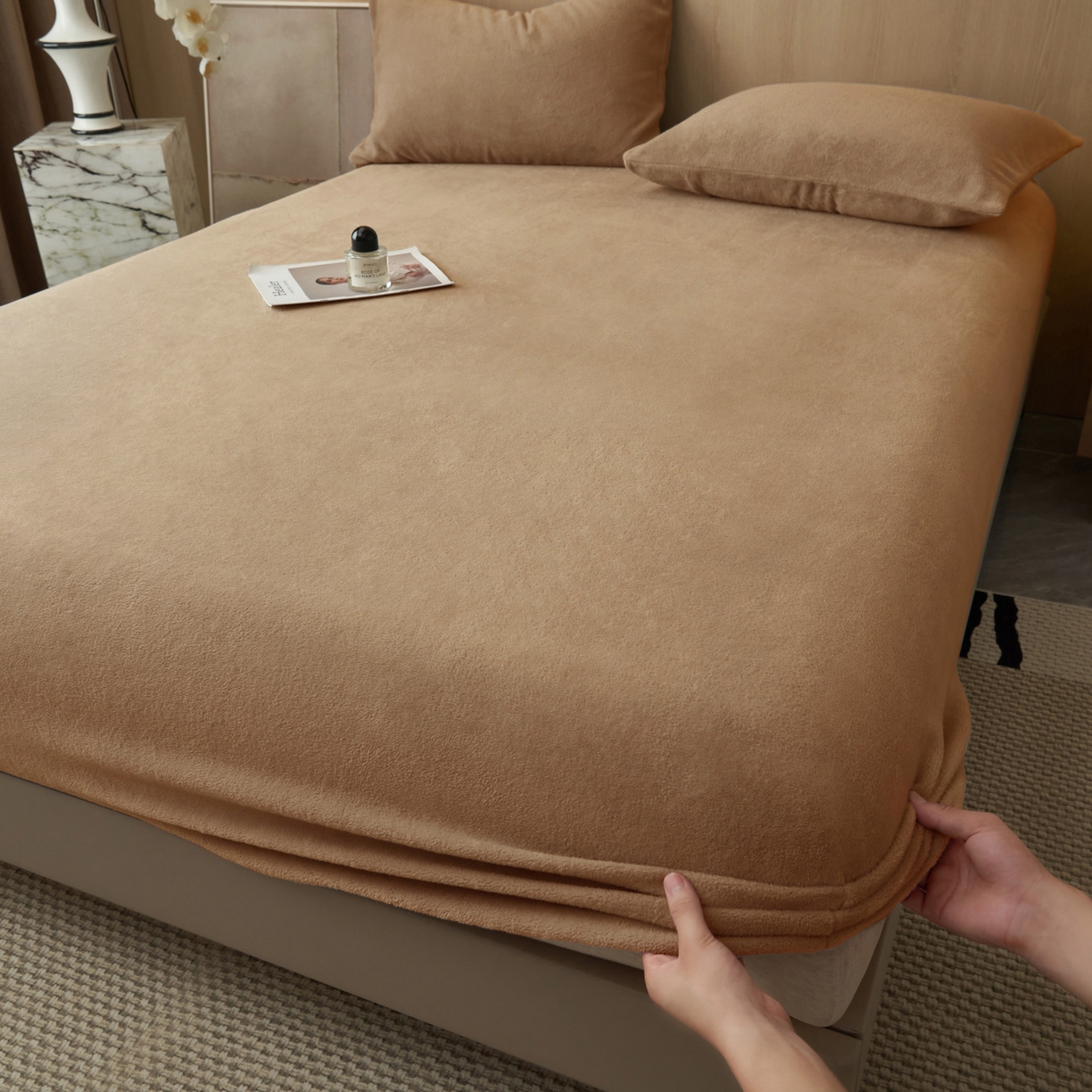 91家纺网 家纺一手货源 找家纺 早晨家纺 2025新款高克重牛奶绒纯色单床笠 牛奶绒-奶茶咖