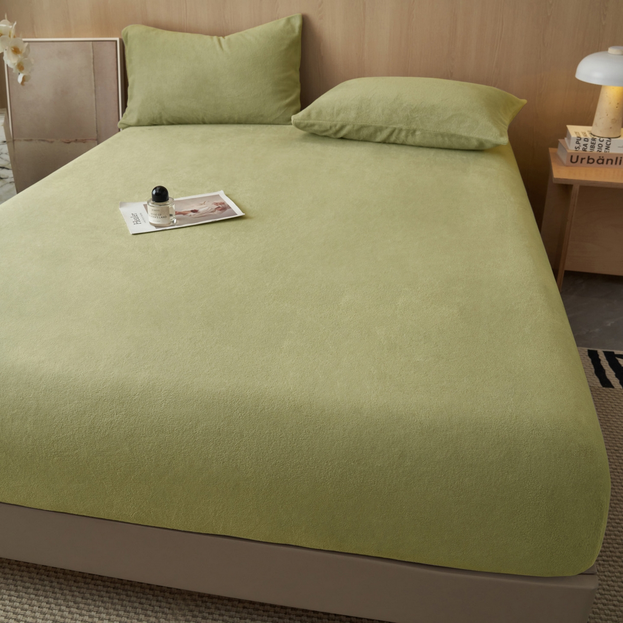 91家纺网 家纺一手货源 找家纺 早晨家纺 2025新款高克重牛奶绒纯色单床笠 牛奶绒-草绿