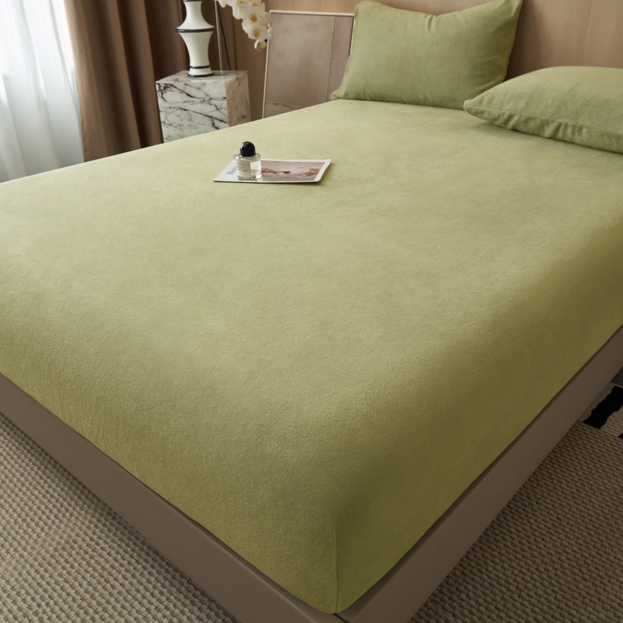 91家纺网 家纺一手货源 找家纺 早晨家纺 2025新款高克重牛奶绒纯色单床笠 牛奶绒-草绿
