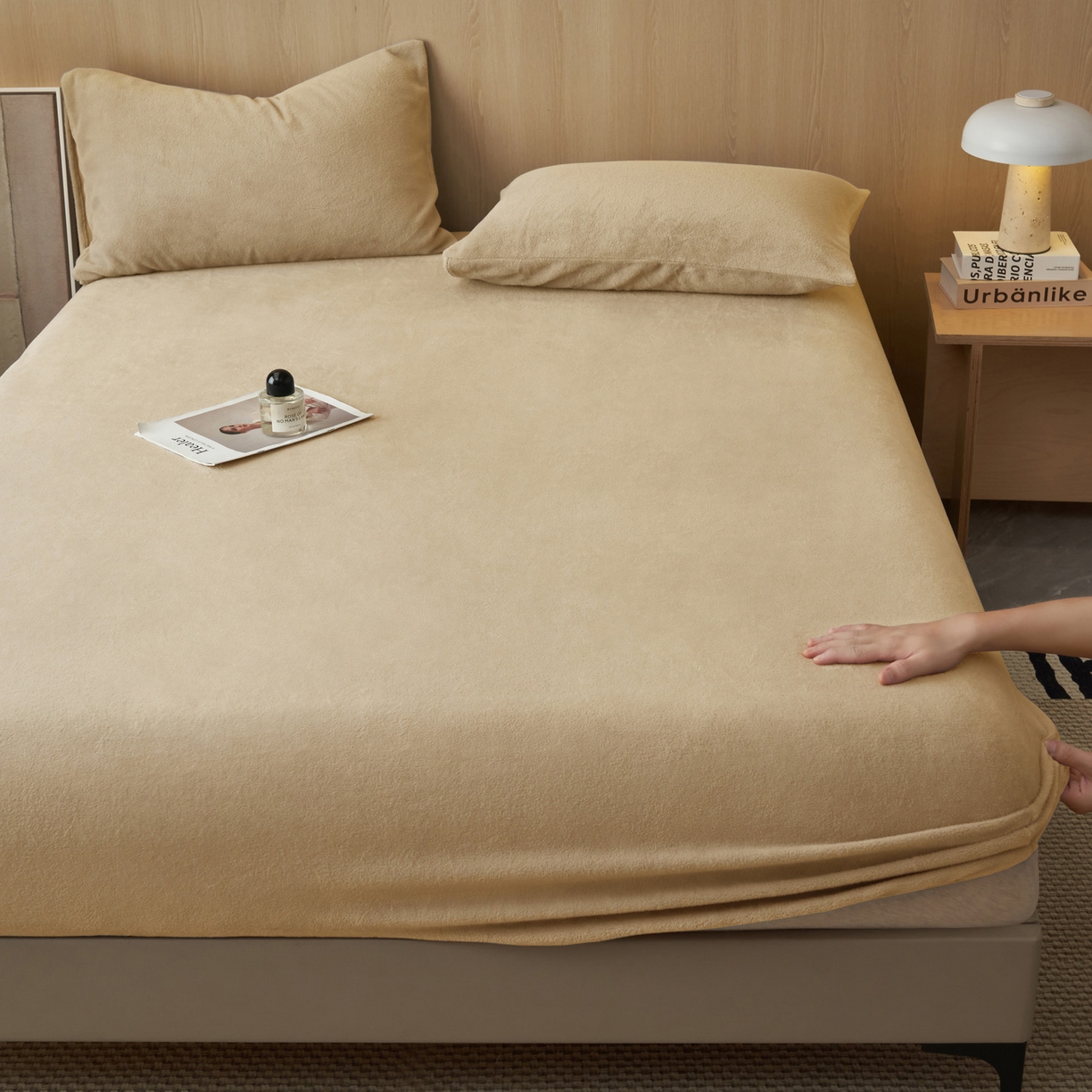 91家纺网 家纺一手货源 找家纺 早晨家纺 2025新款高克重牛奶绒纯色单床笠 牛奶绒-米驼