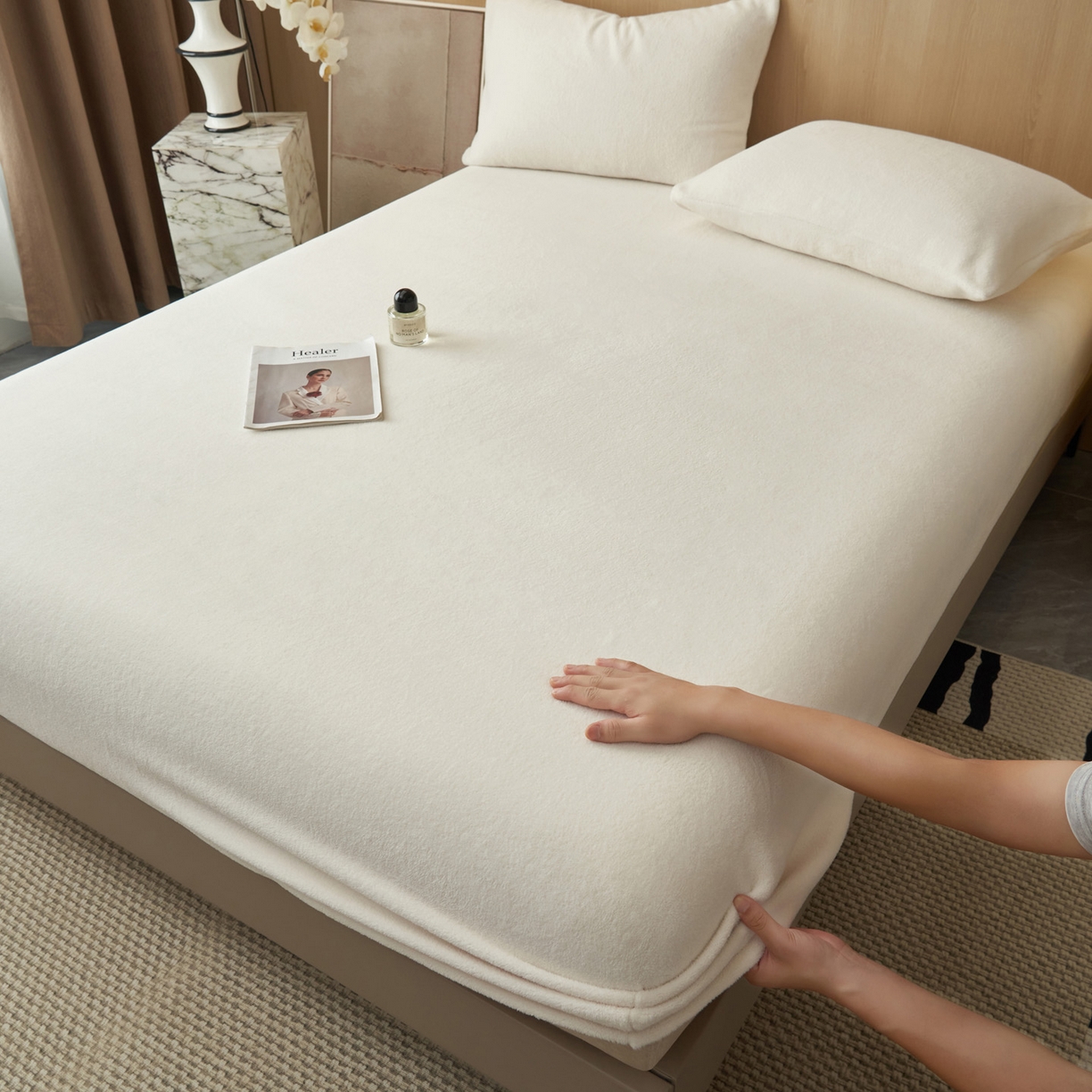 91家纺网 家纺一手货源 找家纺 早晨家纺 2025新款高克重牛奶绒纯色单床笠 牛奶绒-奶白