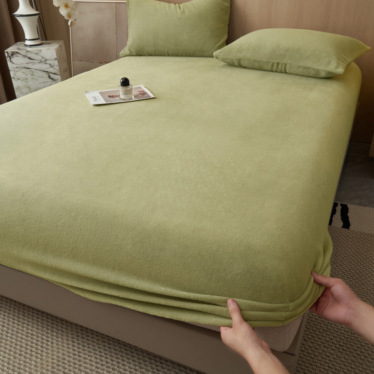 91家纺网 家纺一手货源 找家纺 早晨家纺 2025新款高克重牛奶绒纯色单床笠 牛奶绒-草绿