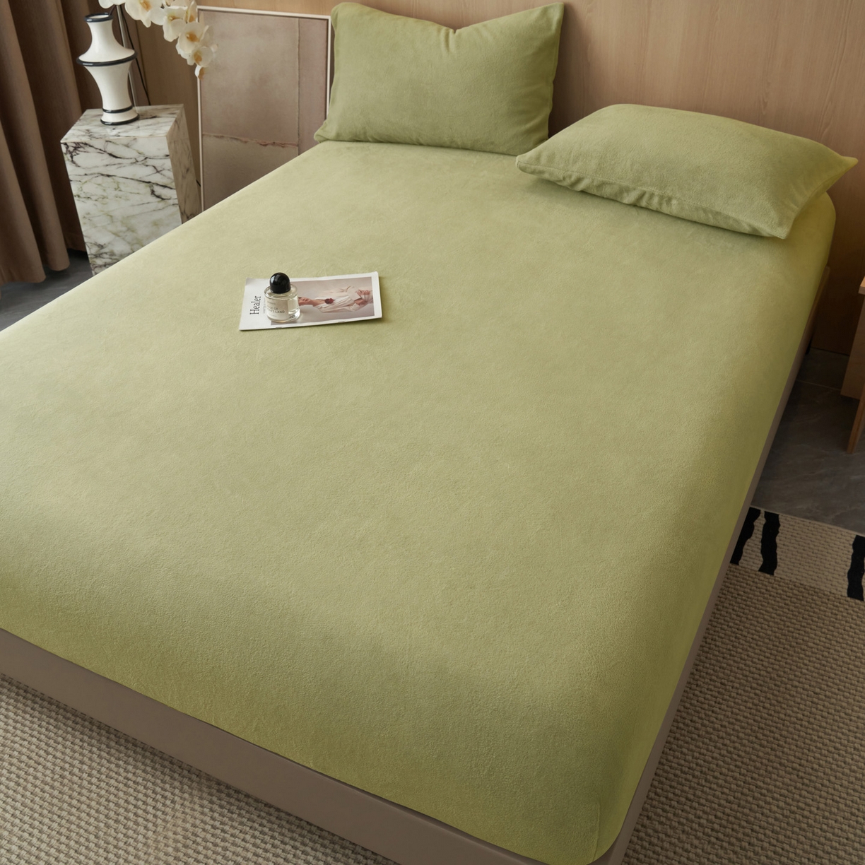 91家纺网 家纺一手货源 找家纺 早晨家纺 2025新款高克重牛奶绒纯色单床笠 牛奶绒-草绿