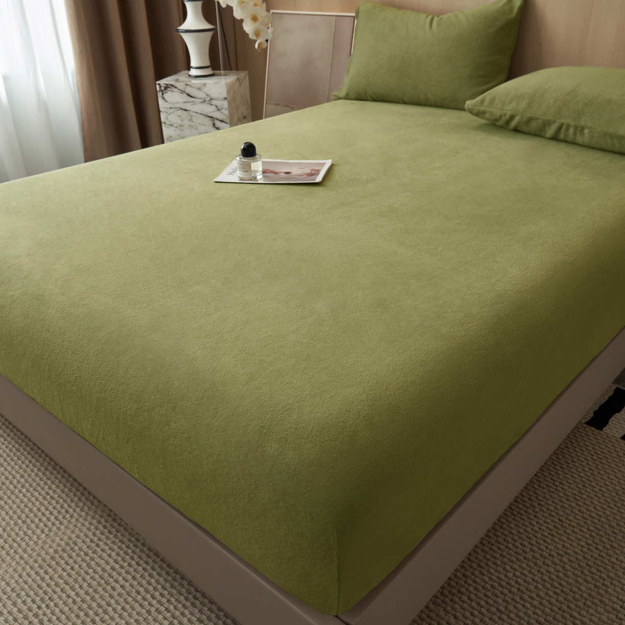 91家纺网 家纺一手货源 找家纺 早晨家纺 2025新款高克重牛奶绒纯色单床笠 牛奶绒-橄榄绿