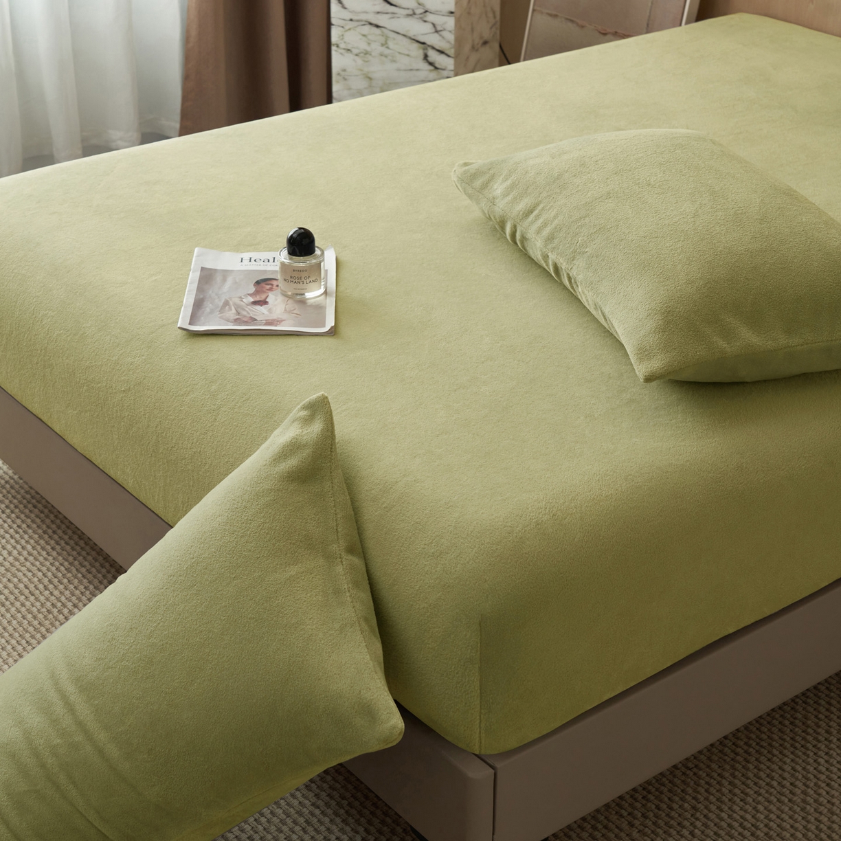 91家纺网 家纺一手货源 找家纺 早晨家纺 2025新款高克重牛奶绒纯色单床笠 牛奶绒-草绿