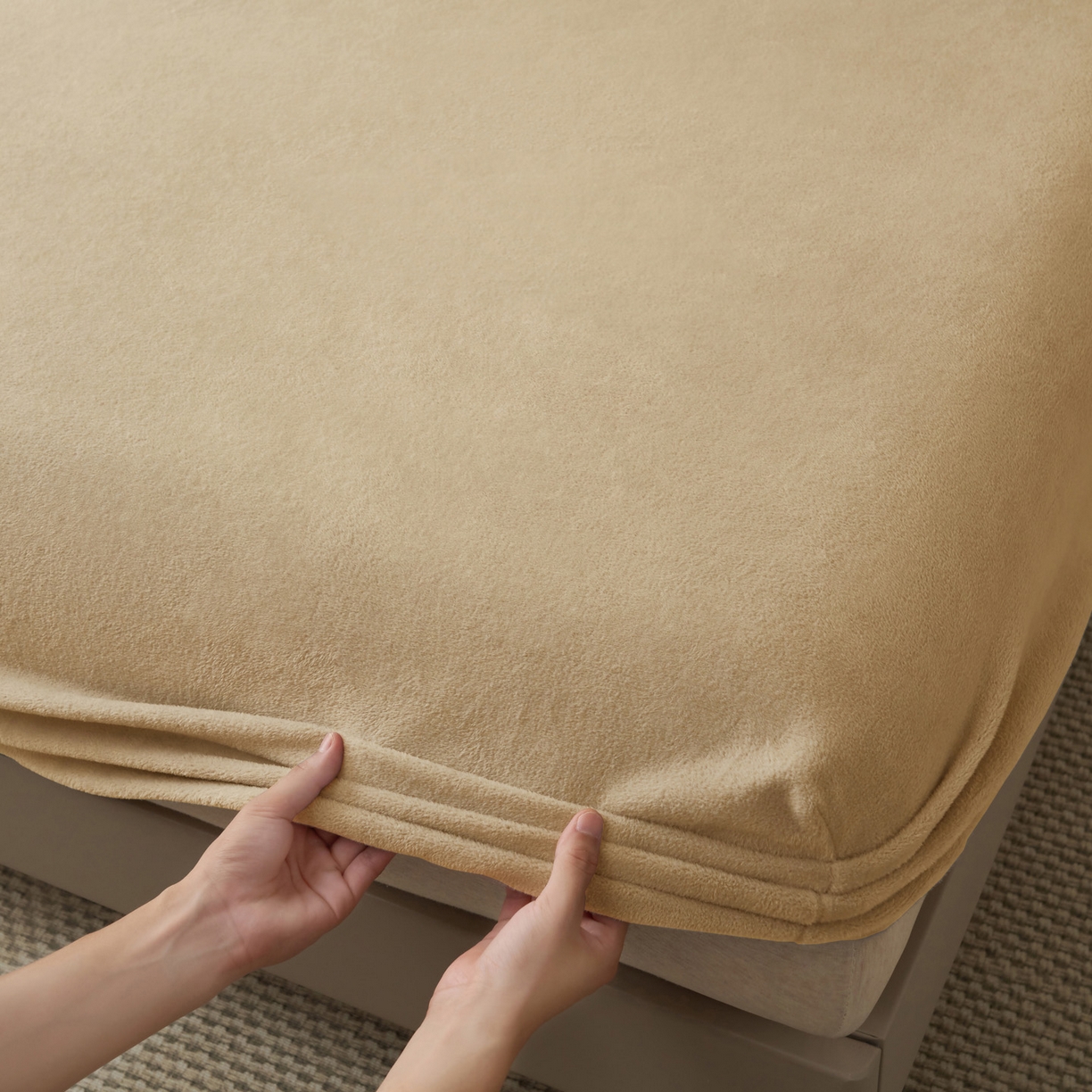 91家纺网 家纺一手货源 找家纺 早晨家纺 2025新款高克重牛奶绒纯色单床笠 牛奶绒-米驼