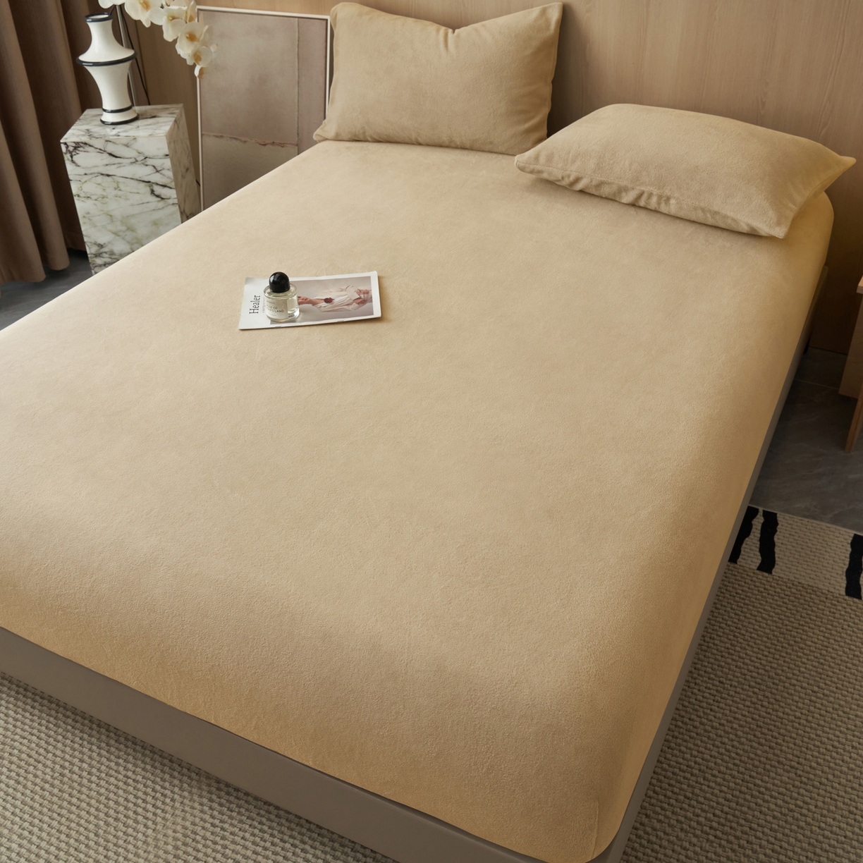 91家纺网 家纺一手货源 找家纺 早晨家纺 2025新款高克重牛奶绒纯色单床笠 牛奶绒-米驼