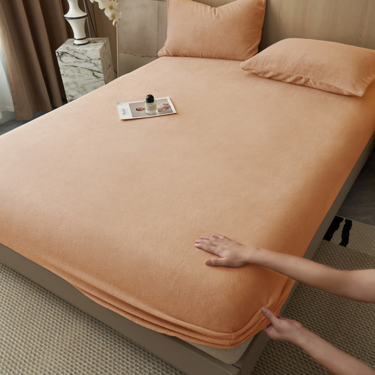 91家纺网 家纺一手货源 找家纺 早晨家纺 2025新款高克重牛奶绒纯色单床笠 牛奶绒-橘色