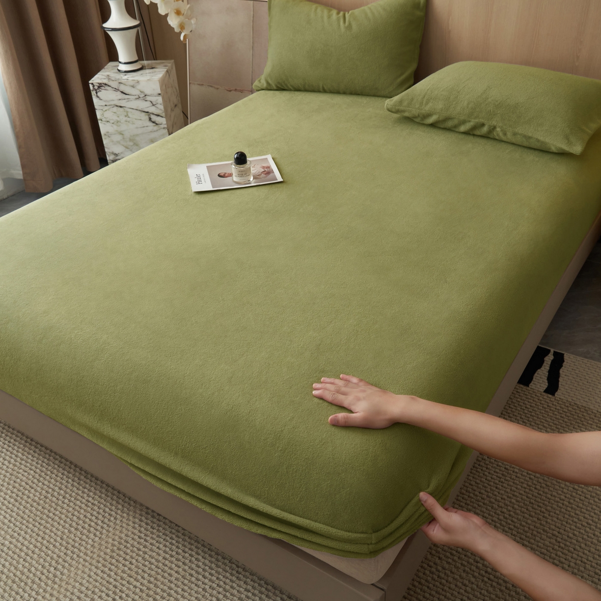 91家纺网 家纺一手货源 找家纺 早晨家纺 2025新款高克重牛奶绒纯色单床笠 牛奶绒-橄榄绿