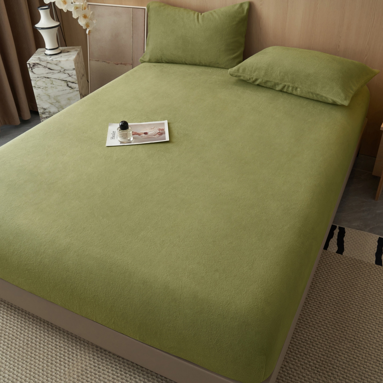 91家纺网 家纺一手货源 找家纺 早晨家纺 2025新款高克重牛奶绒纯色单床笠 牛奶绒-橄榄绿