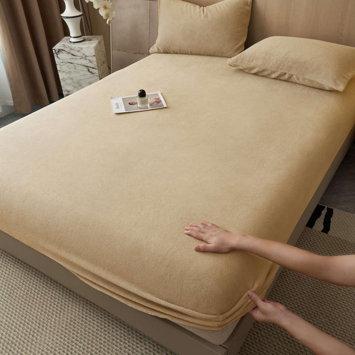 91家纺网 家纺一手货源 找家纺 早晨家纺 2025新款高克重牛奶绒纯色单床笠 牛奶绒-米驼