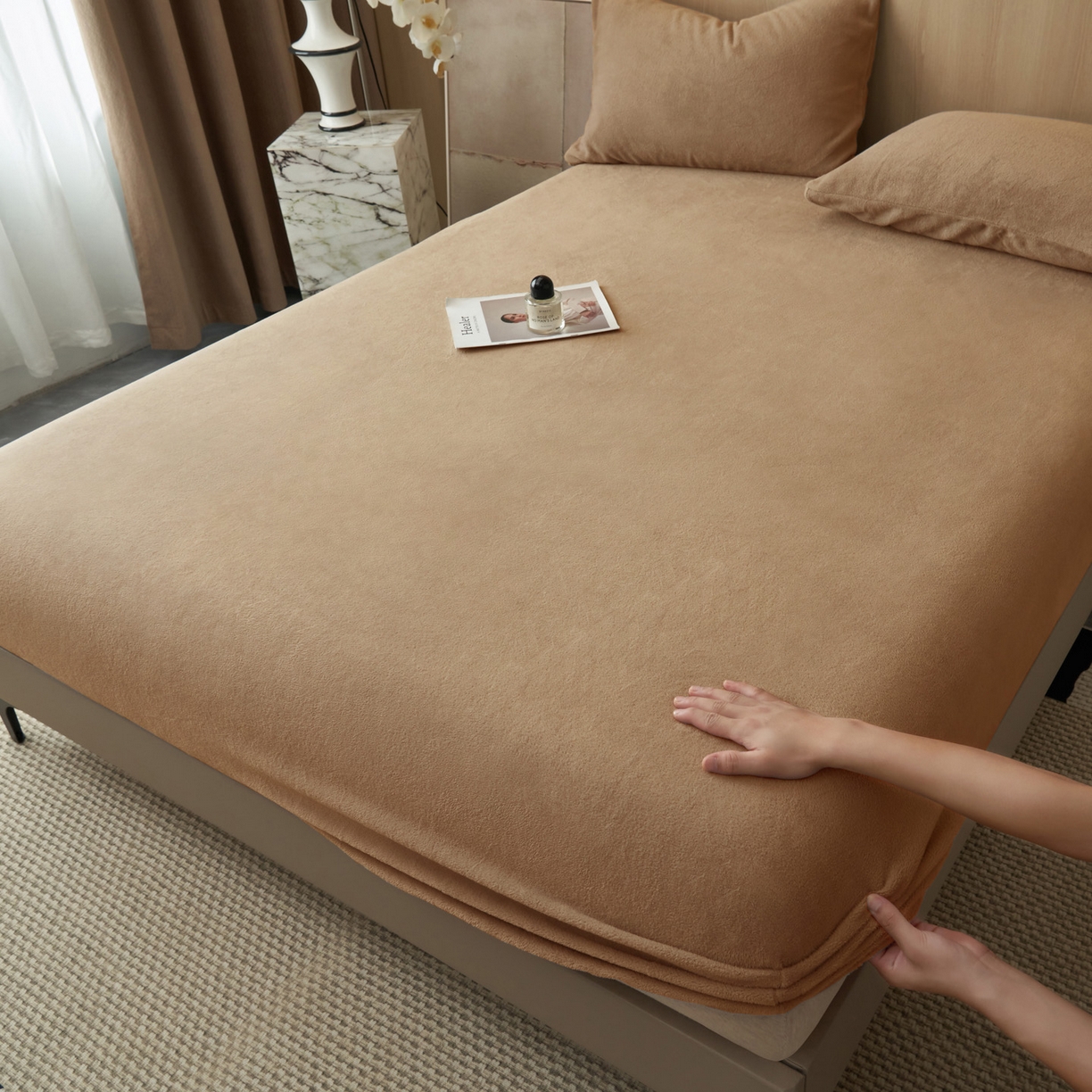 91家纺网 家纺一手货源 找家纺 早晨家纺 2025新款高克重牛奶绒纯色单床笠 牛奶绒-奶茶咖