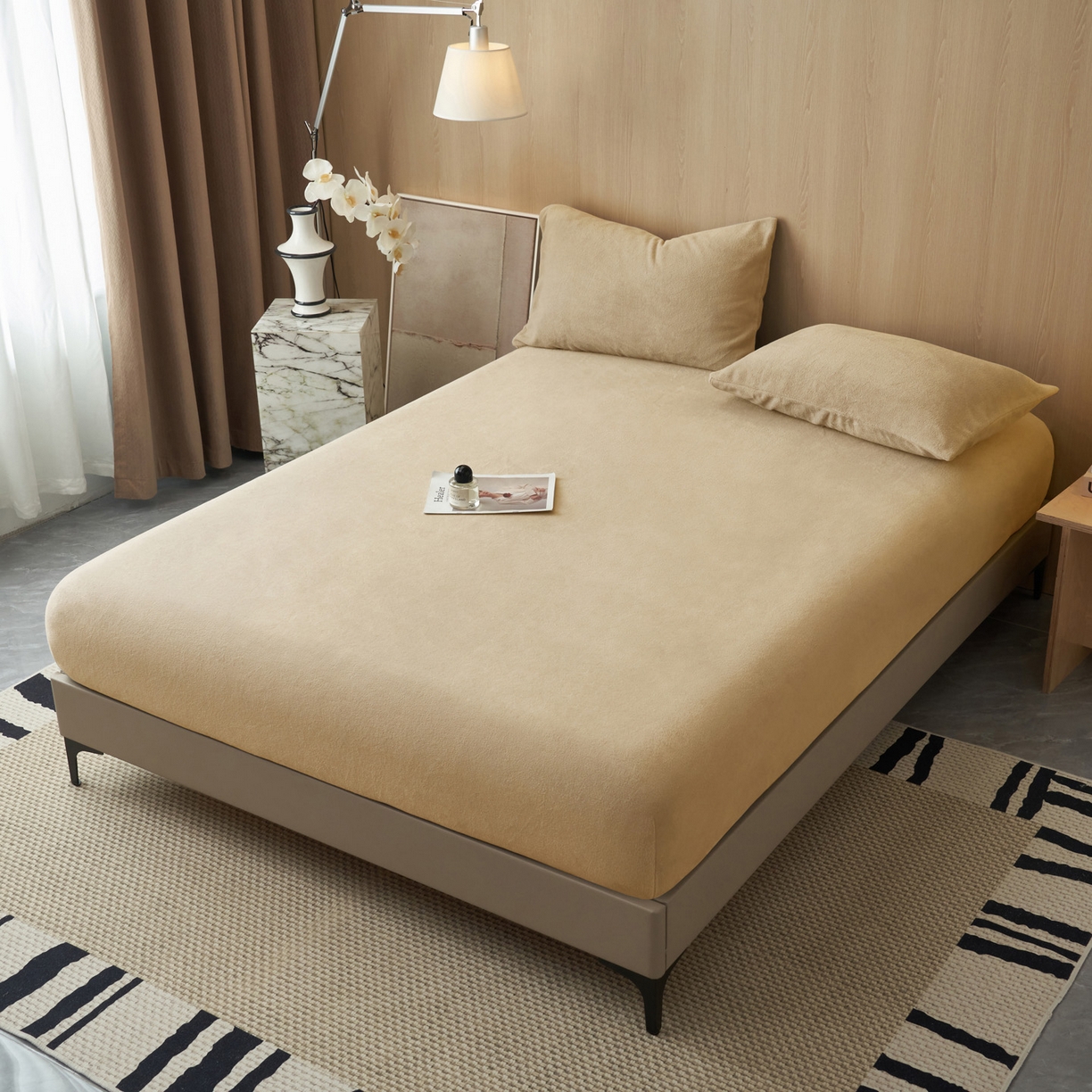 91家纺网 家纺一手货源 找家纺 早晨家纺 2025新款高克重牛奶绒纯色单床笠 牛奶绒-米驼