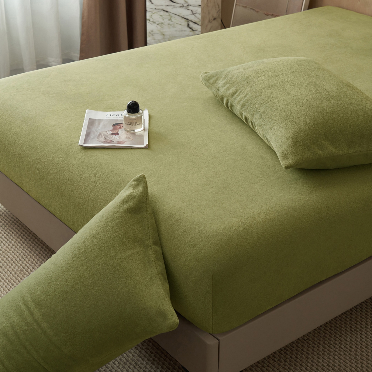 91家纺网 家纺一手货源 找家纺 早晨家纺 2025新款高克重牛奶绒纯色单床笠 牛奶绒-橄榄绿