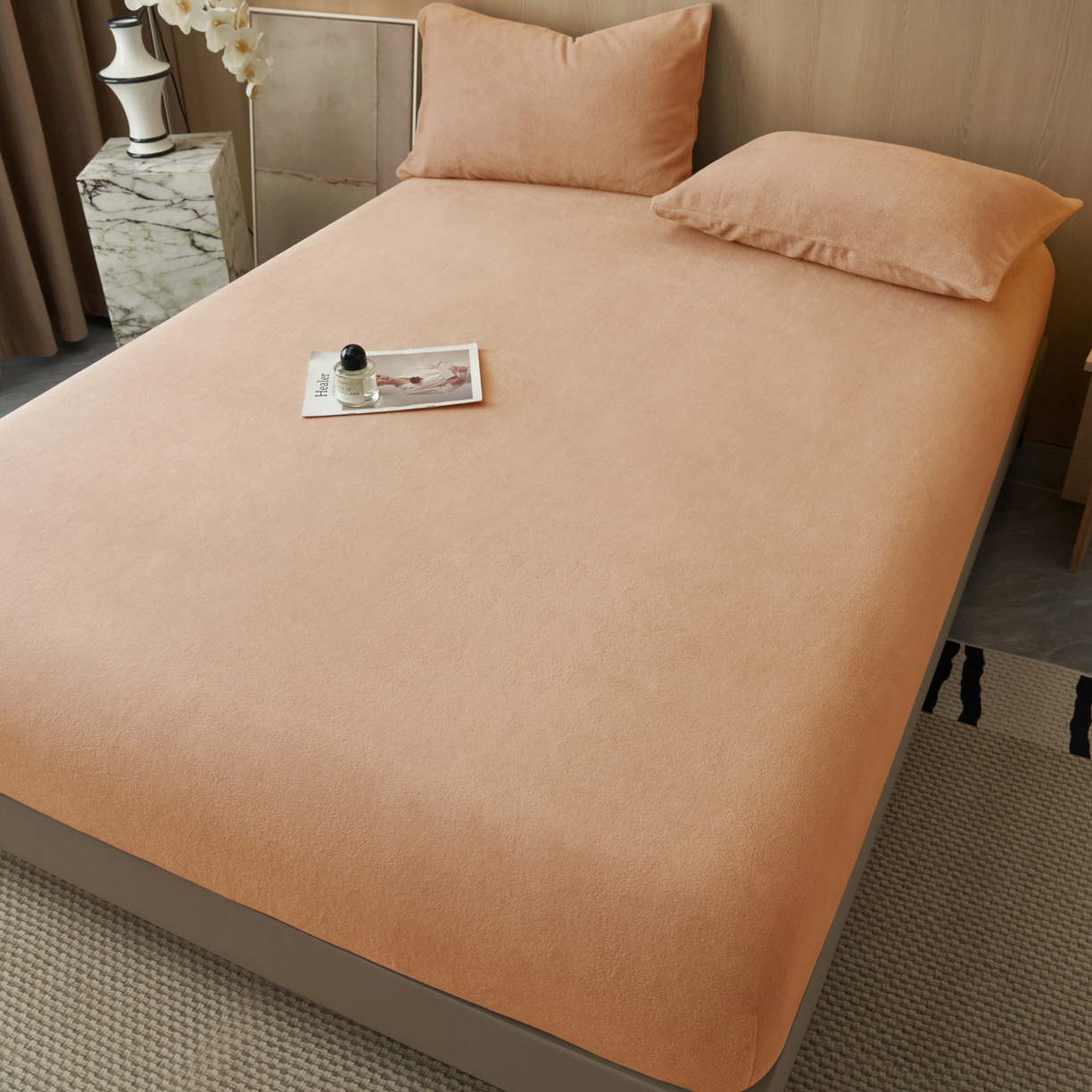 91家纺网 家纺一手货源 找家纺 早晨家纺 2025新款高克重牛奶绒纯色单床笠 牛奶绒-橘色