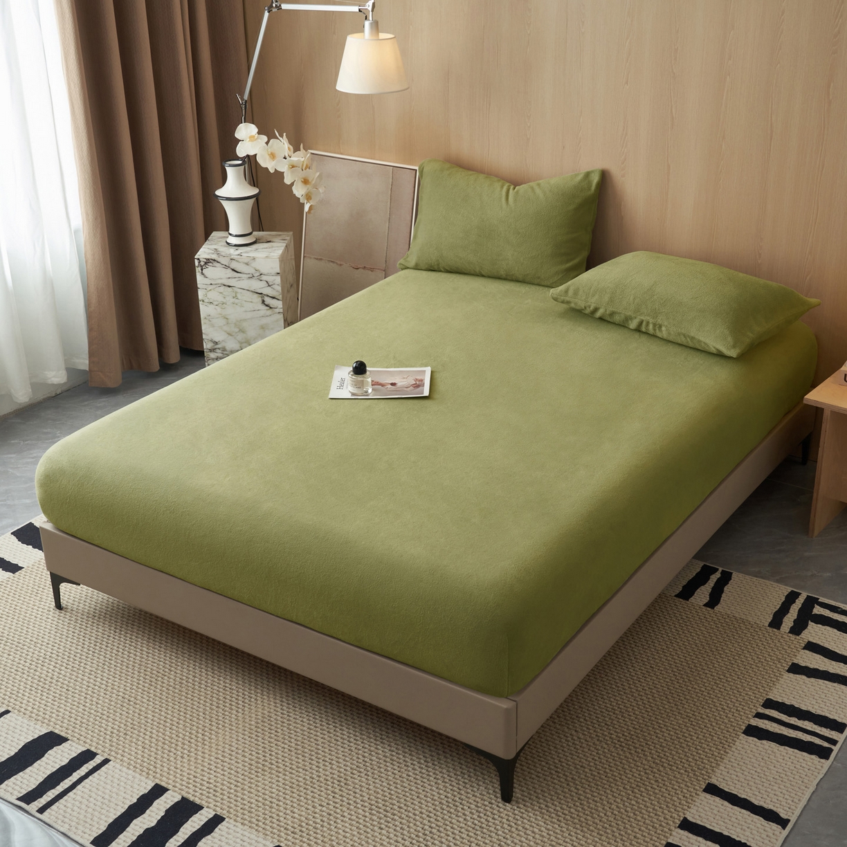 91家纺网 家纺一手货源 找家纺 早晨家纺 2025新款高克重牛奶绒纯色单床笠 牛奶绒-橄榄绿